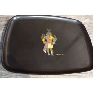 Couroc of Monterey Kachina Tray Large Black Hummingbird Inlay 12.5" MCM Vintage